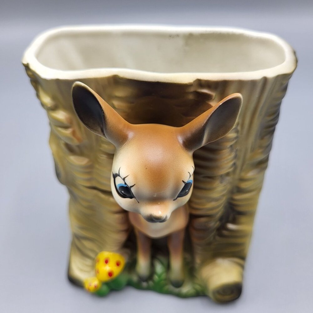 Vintage MCM Bambi Deer Vase Kitchy Planter Deer & Mushrooms Ceramic Table Decor - Picture 12 of 16